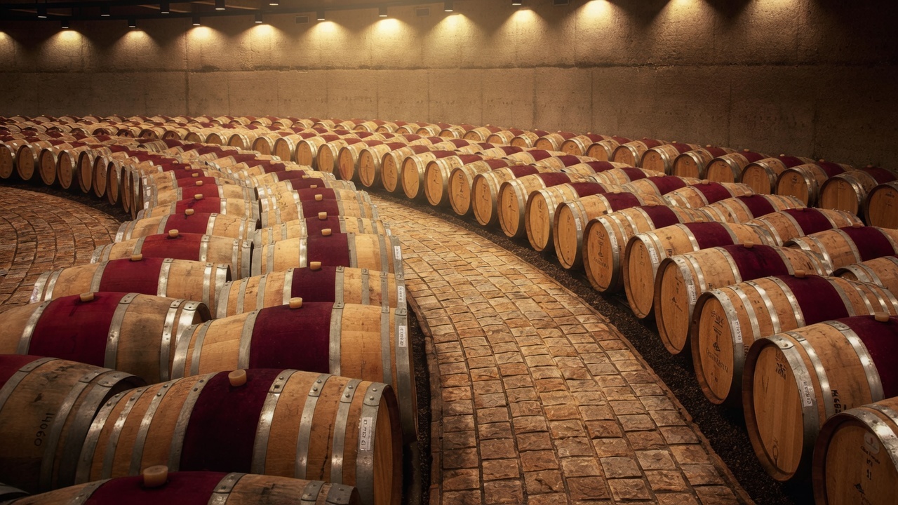 Curving rows of oak barrels in the Catena Zapata cellar