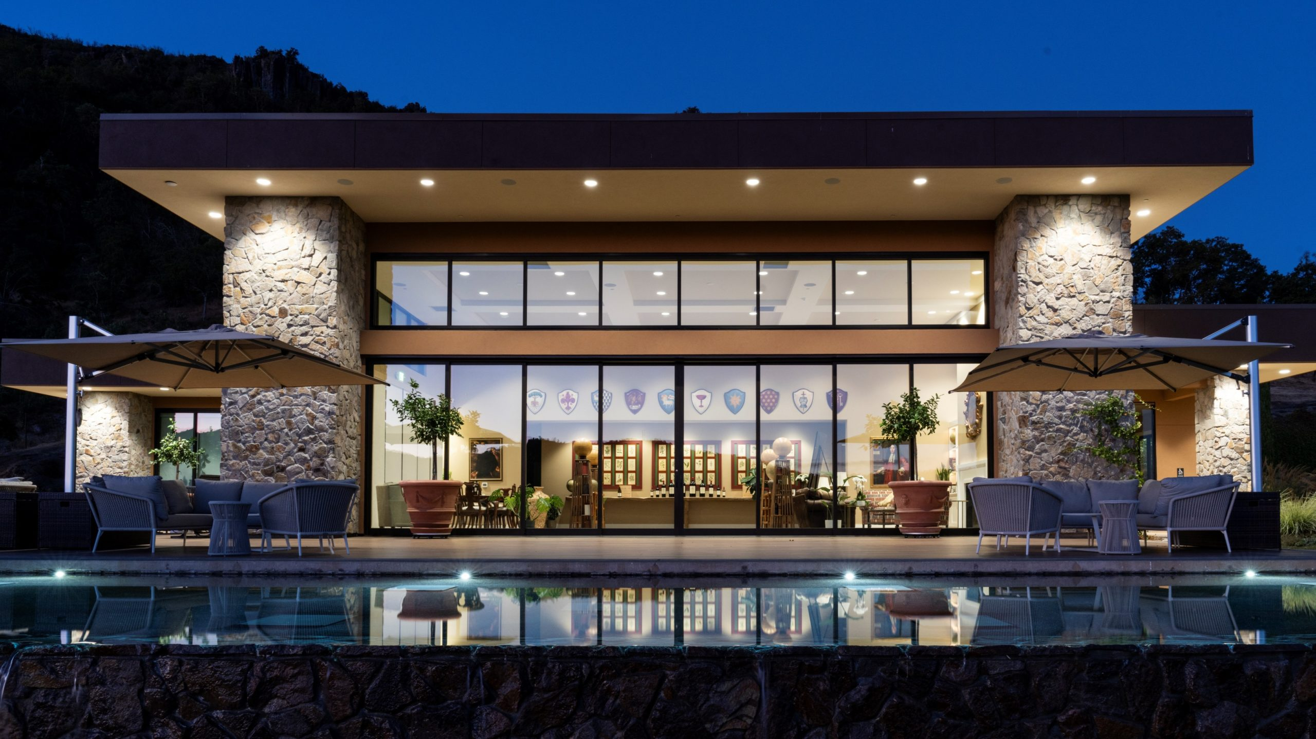 Antinori Napa Valley estate building at twilight