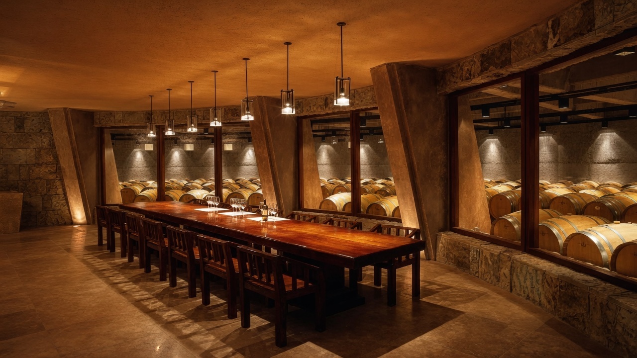 Catena Zapata cellar tasting room lined with wine barrels