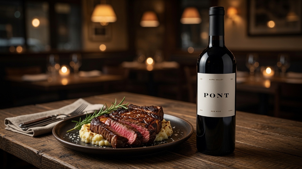 Grilled ribeye steak over creamy mashed potatoes paired with a bottle of 2020 PerUs Pont
