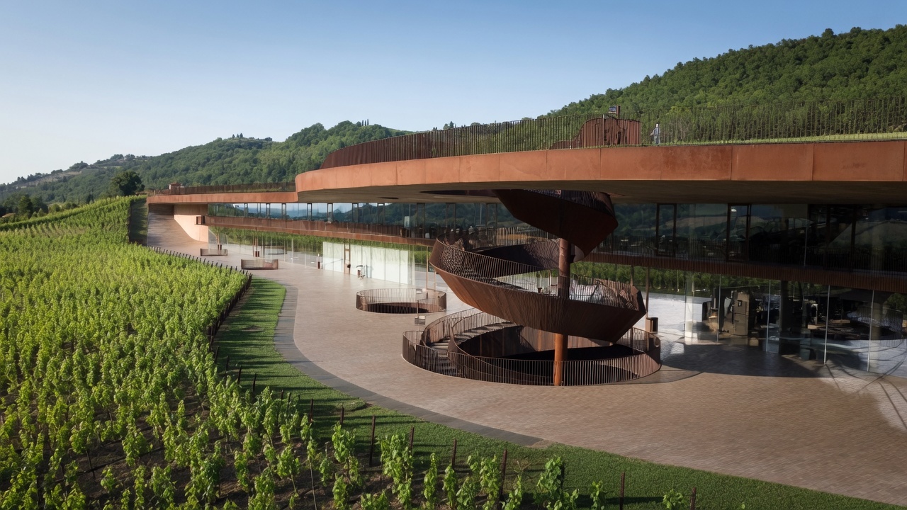 Modern Guado al Tasso winery architecture among vineyards