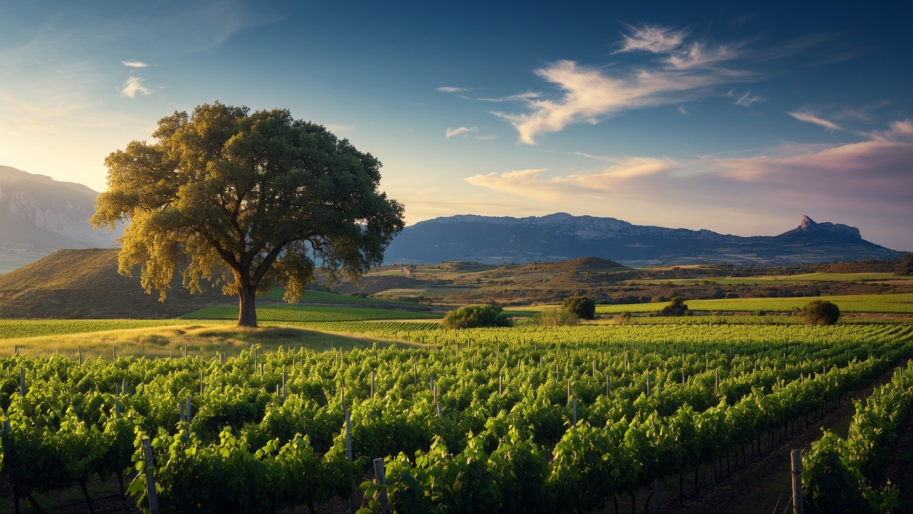 Rioja cellar-inspired wine setting with warm light