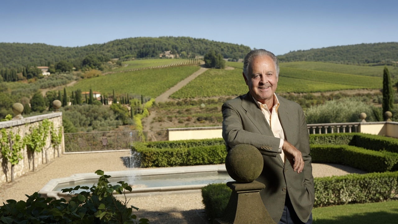 Tuscan vineyard landscape with estate garden and hillside vines