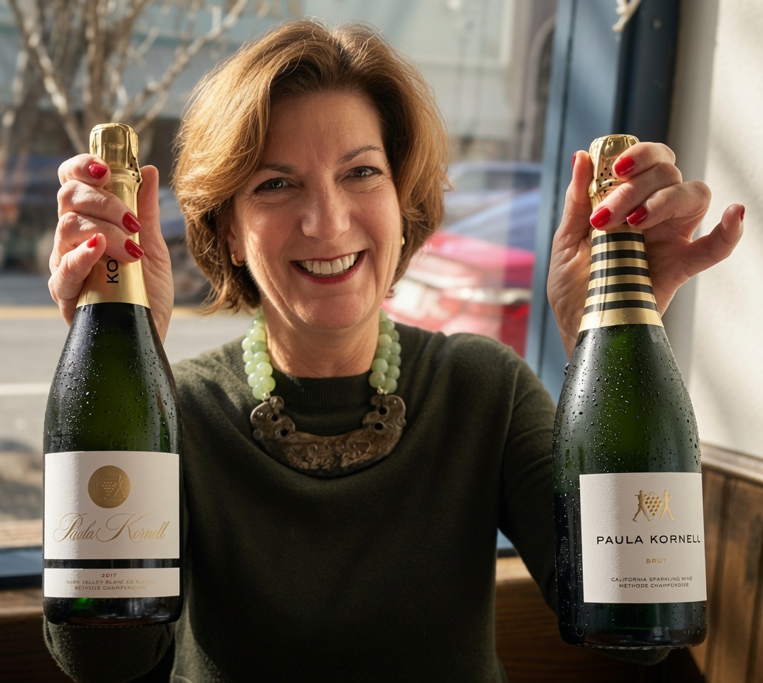 Paula Kornell presenting two sparkling wine bottles