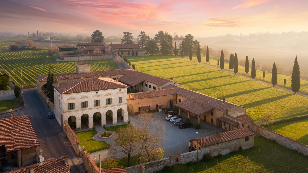Tuscan estate buildings and vineyards in warm morning light