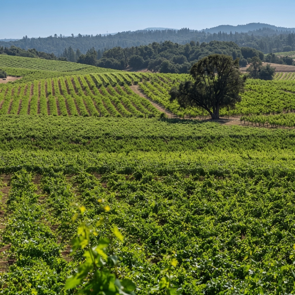 Belledor-inspired Sierra Foothills winery setting with warm vineyard light