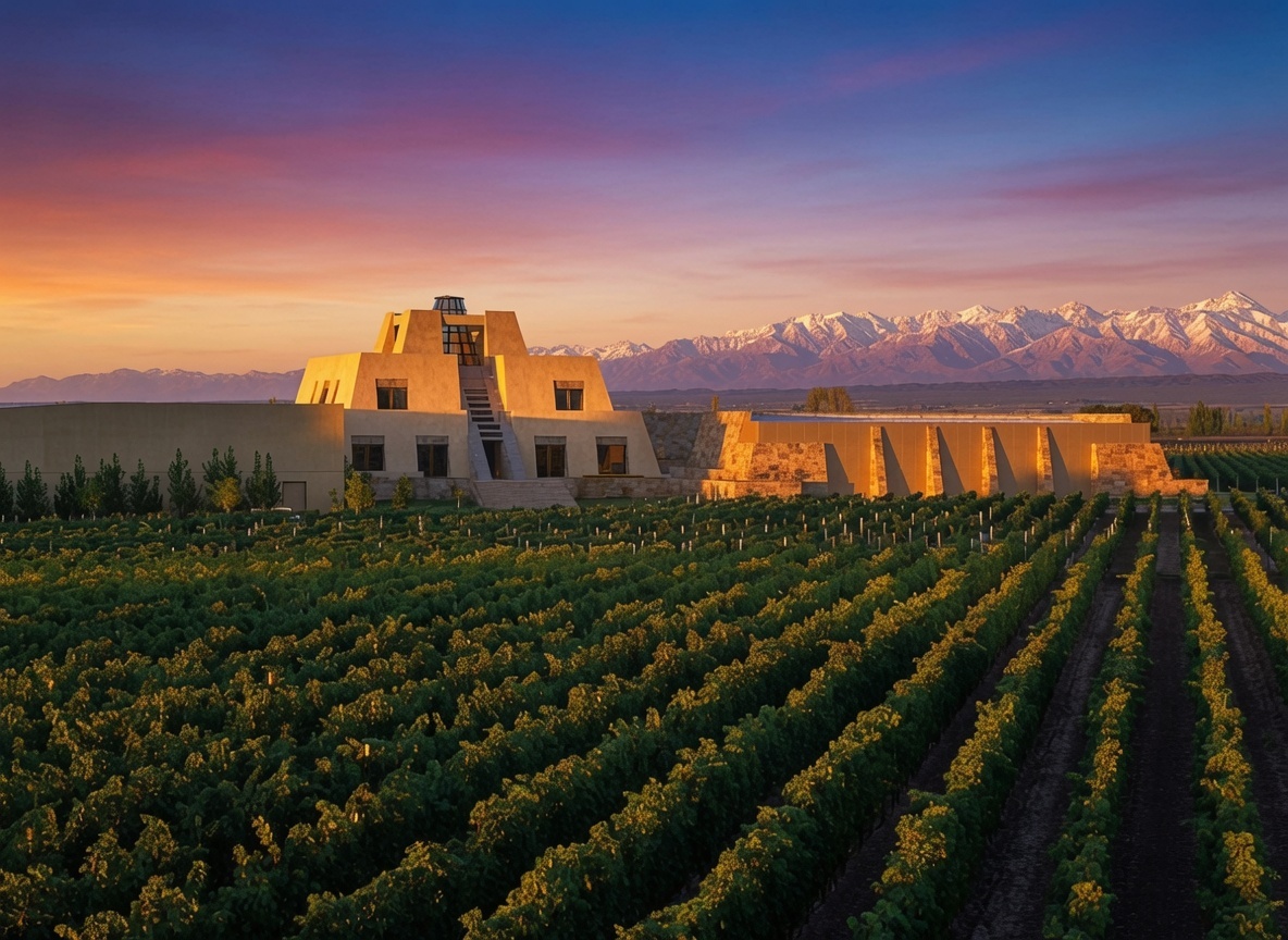 Catena Zapata pyramid winery and vineyards at sunset