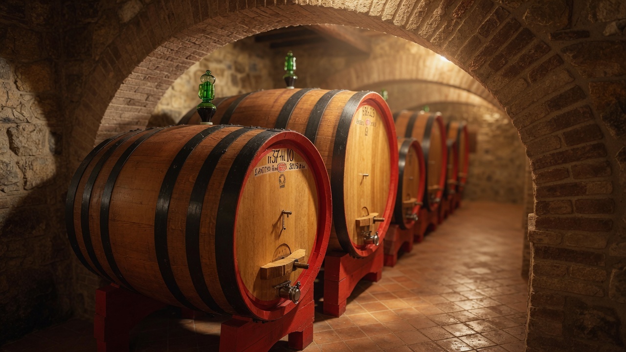 Historic Tuscan stone estate and Montalcino vineyard landscape