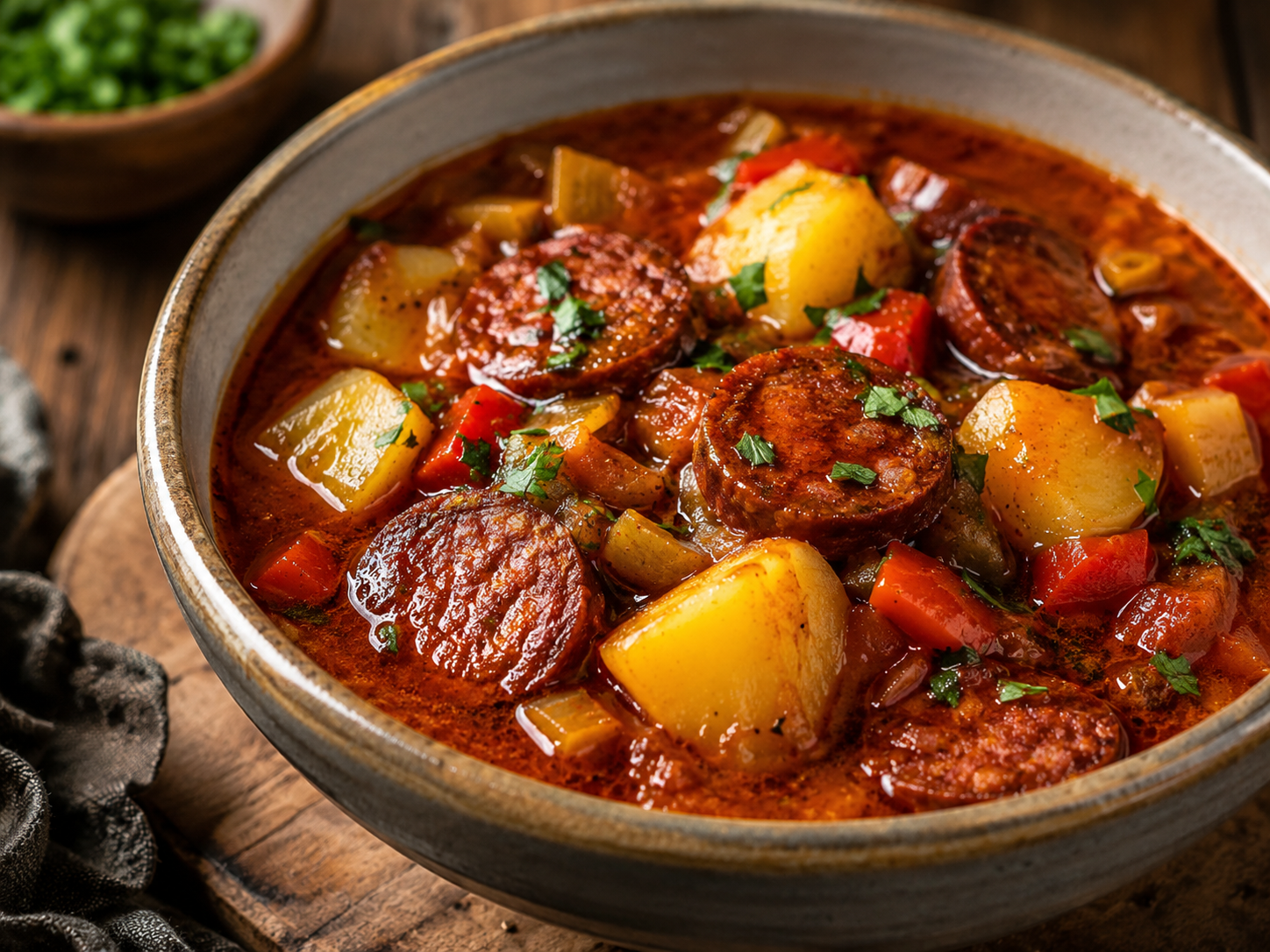 Spanish chorizo and potato stew in natural light