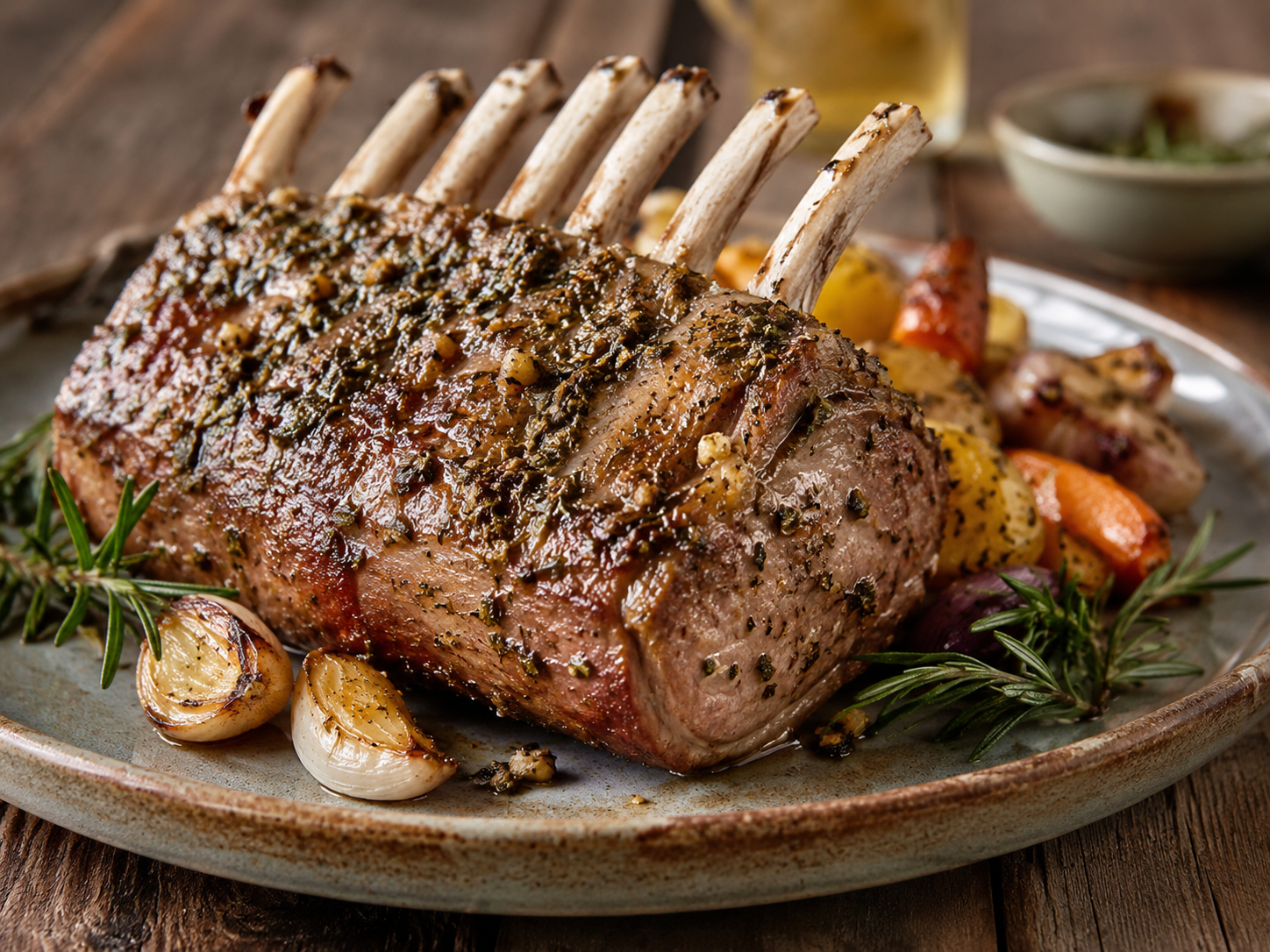 Herb-crusted rack of veal with rosemary and garlic