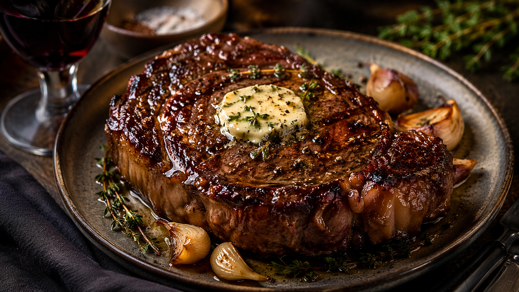 Butter-basted rib eye steak with herb butter