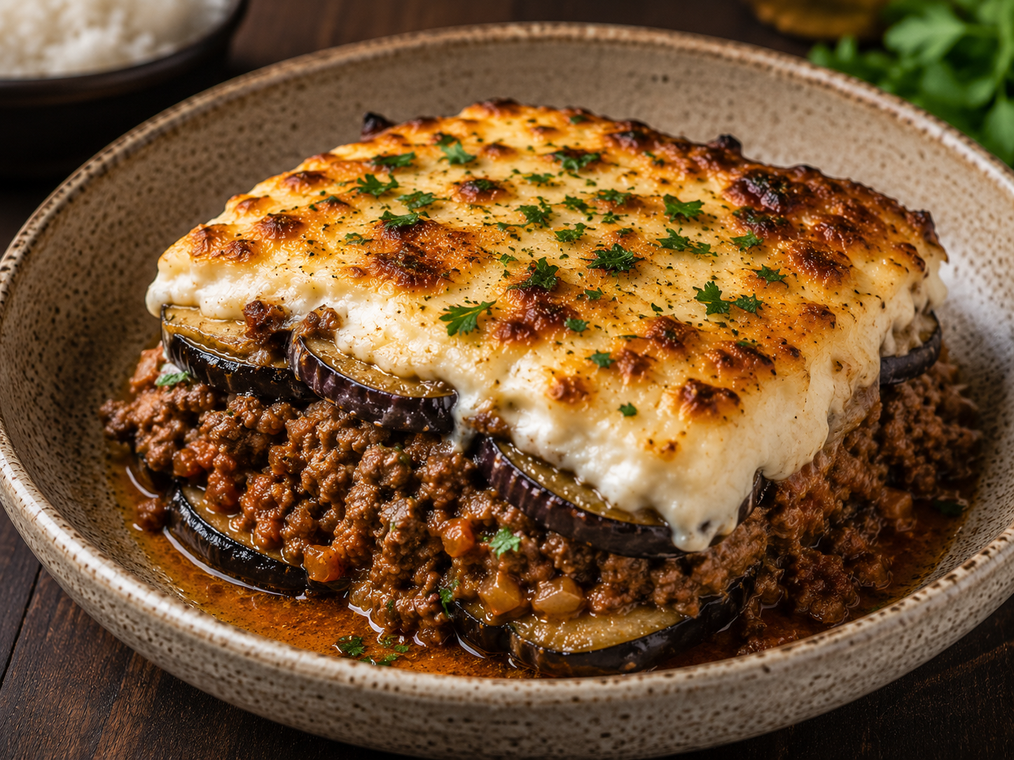 Layered lamb and eggplant moussaka in a ceramic bowl