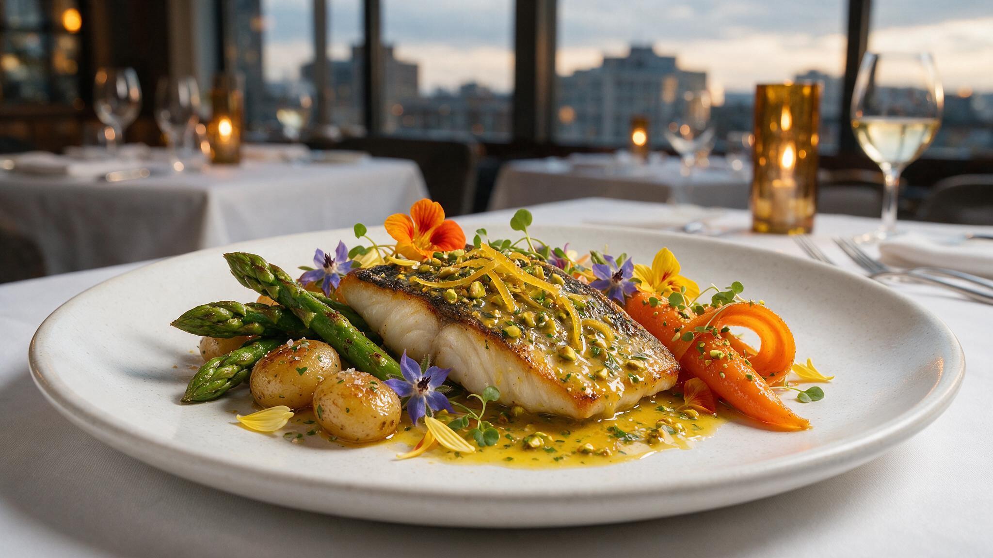 Crisp-skinned black bass with preserved lemon, pistachios and herbs