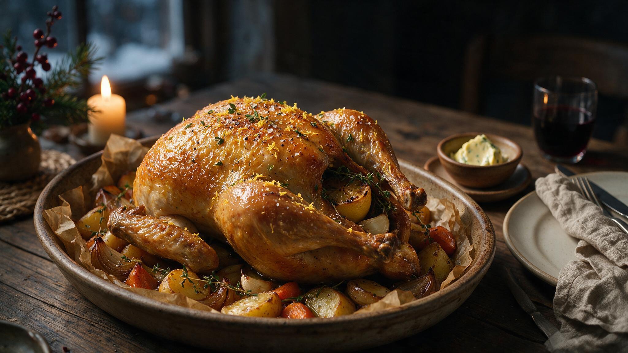 Golden roast chicken with lemon and fresh thyme