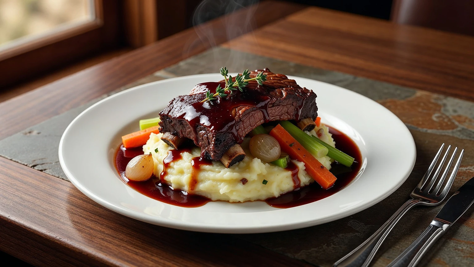 Red-wine-braised short ribs with mashed potatoes