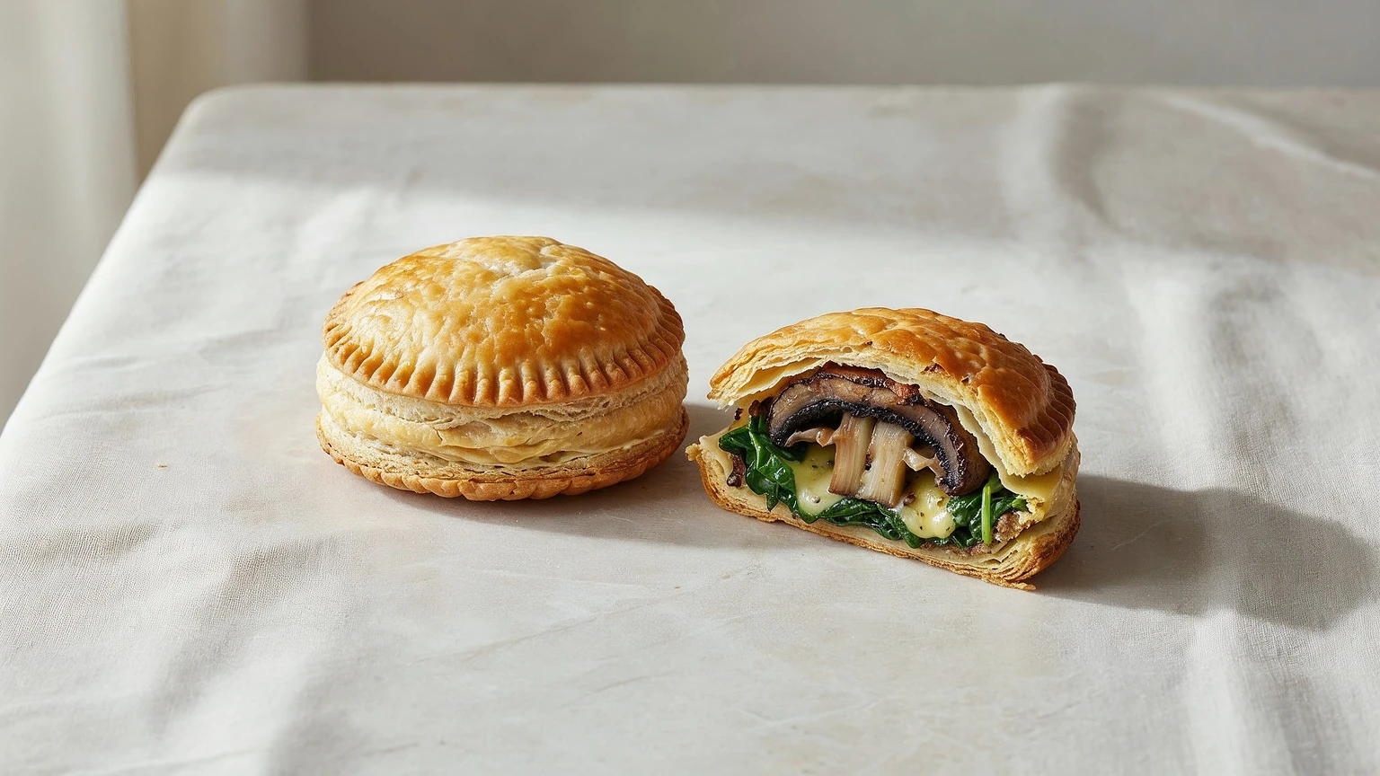 Mushroom and Stilton Wellingtons with a pastry cutaway