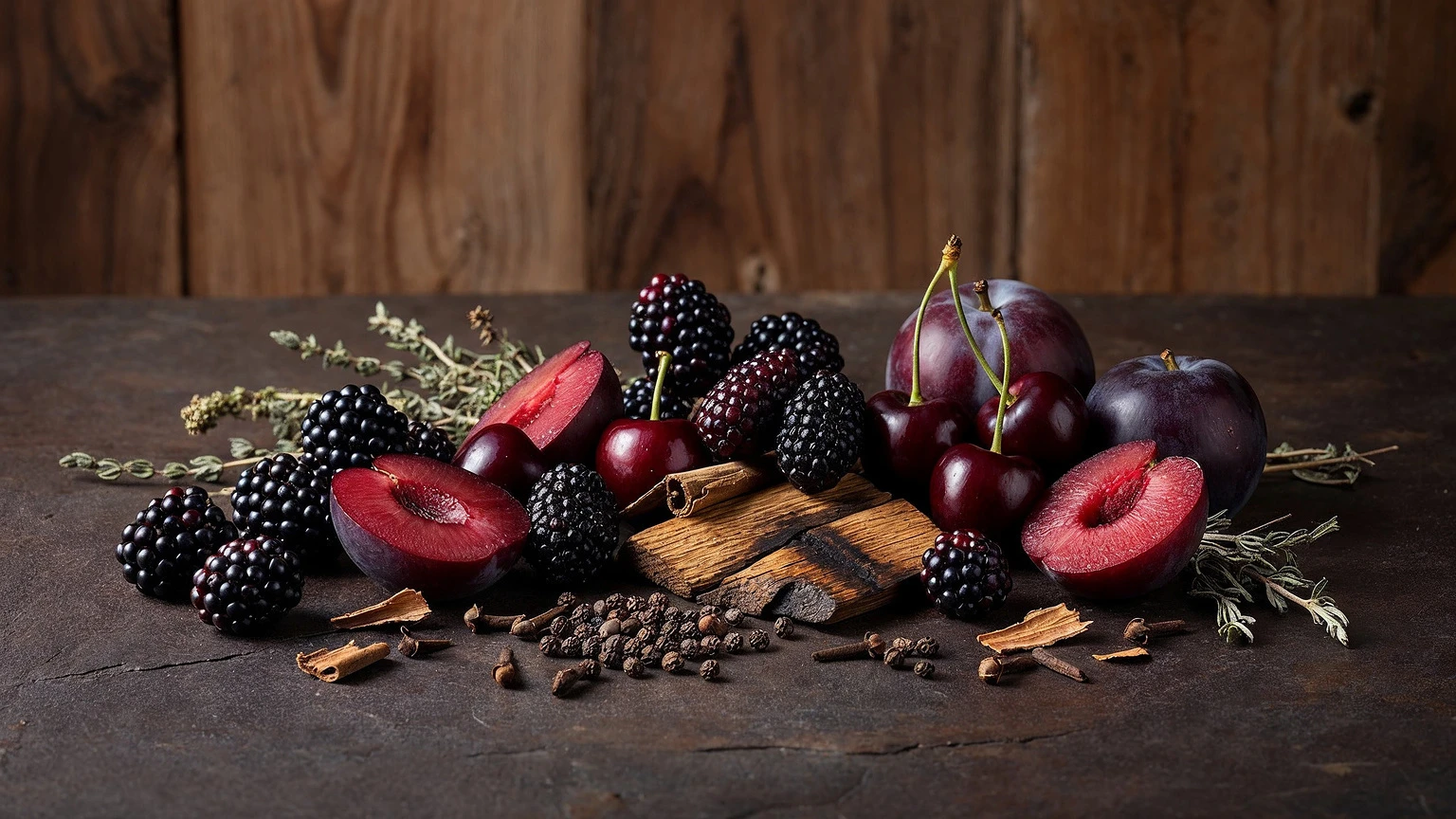 Cabernet sensory still life with dark fruit, herbs and warm spices