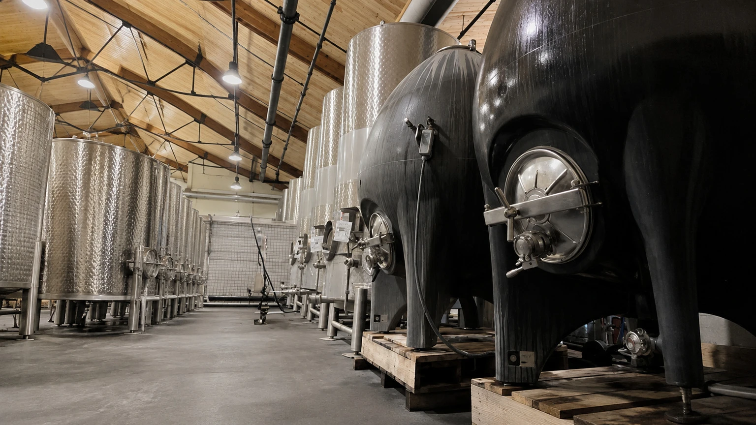Martin Ray concrete egg fermenters and stainless-steel tanks in the winery cellar