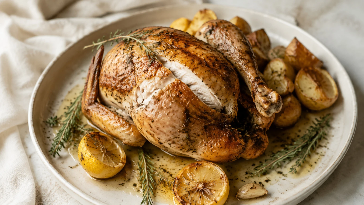 Herb and lemon roasted chicken with golden skin, food pairing image