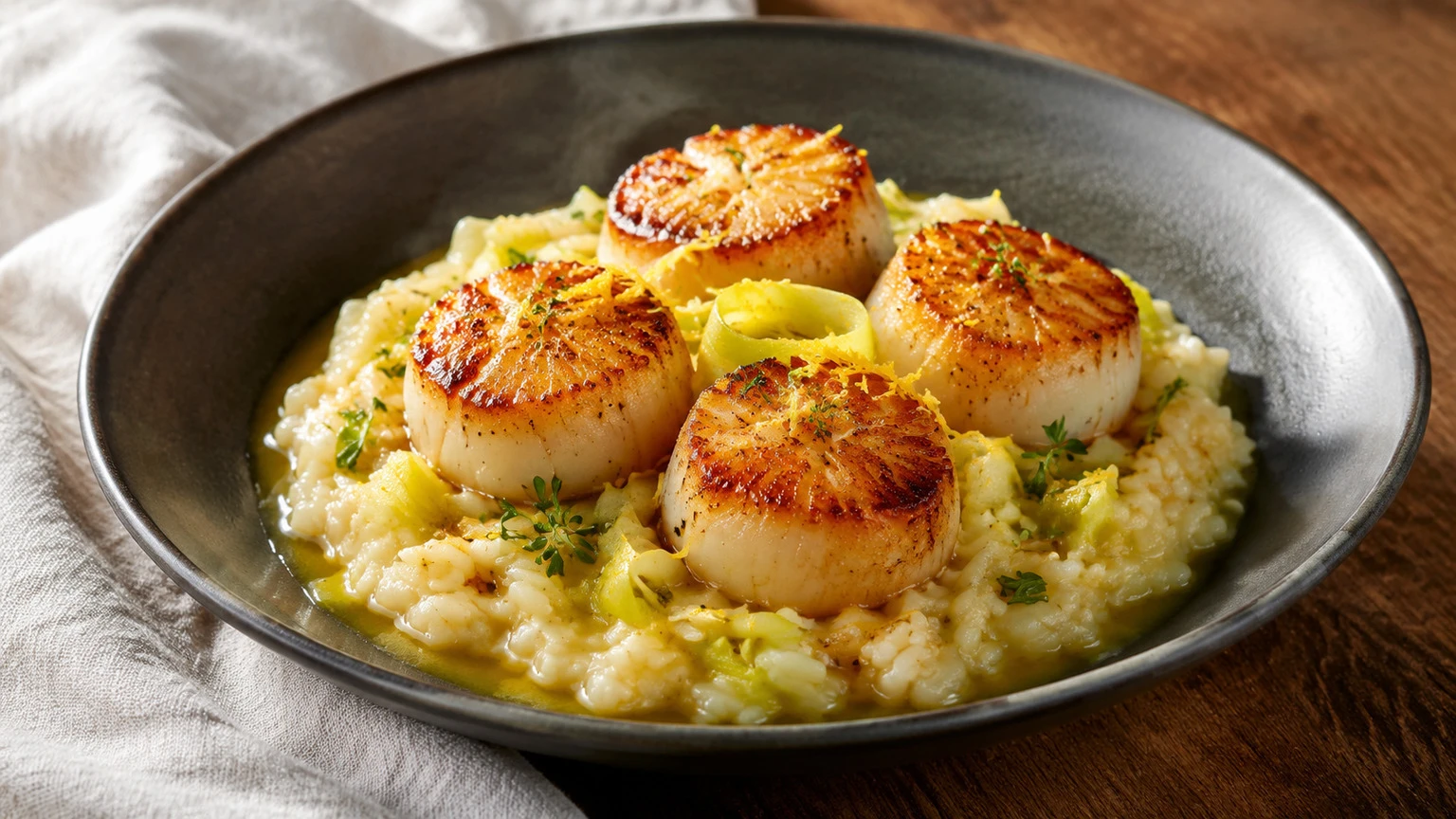 Seared sea scallops with leek risotto and lemon-brown butter sauce, food pairing image