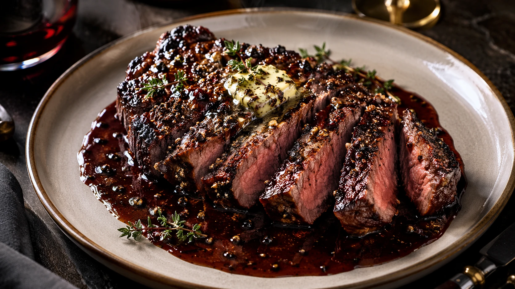 Steak au poivre with red wine pan sauce