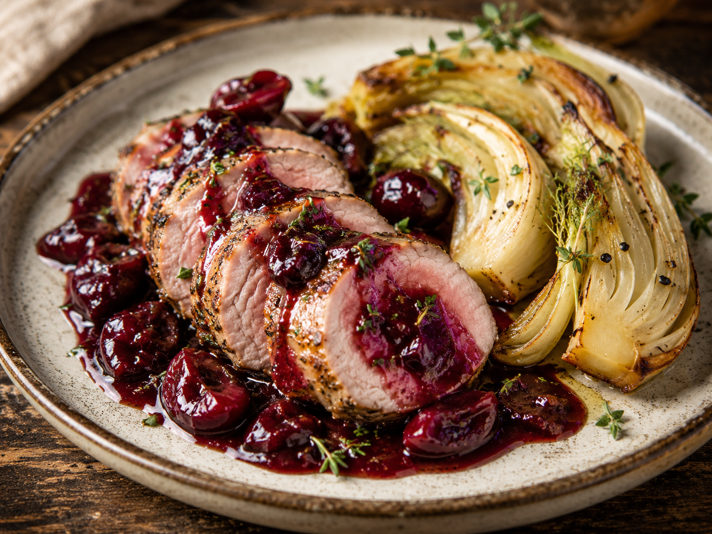 Pork tenderloin with cherry-balsamic pan sauce and fennel