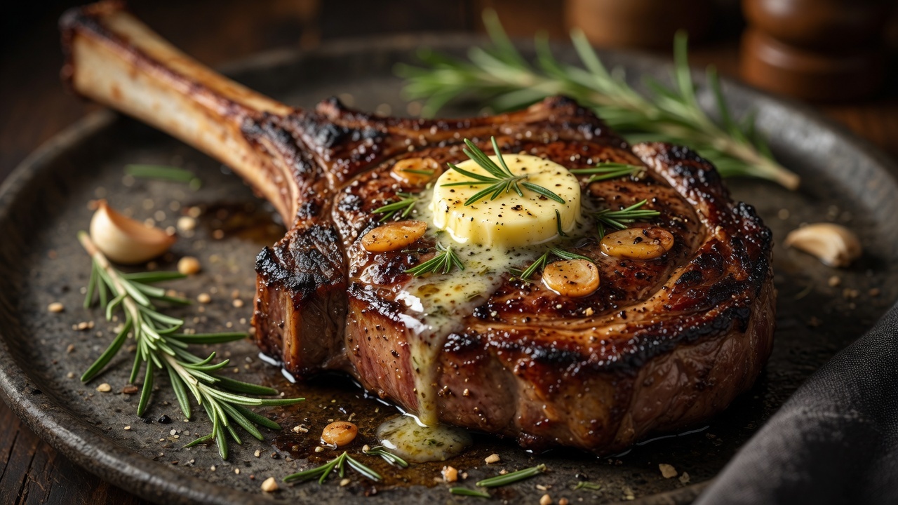 Prime tomahawk ribeye with garlic, rosemary and butter