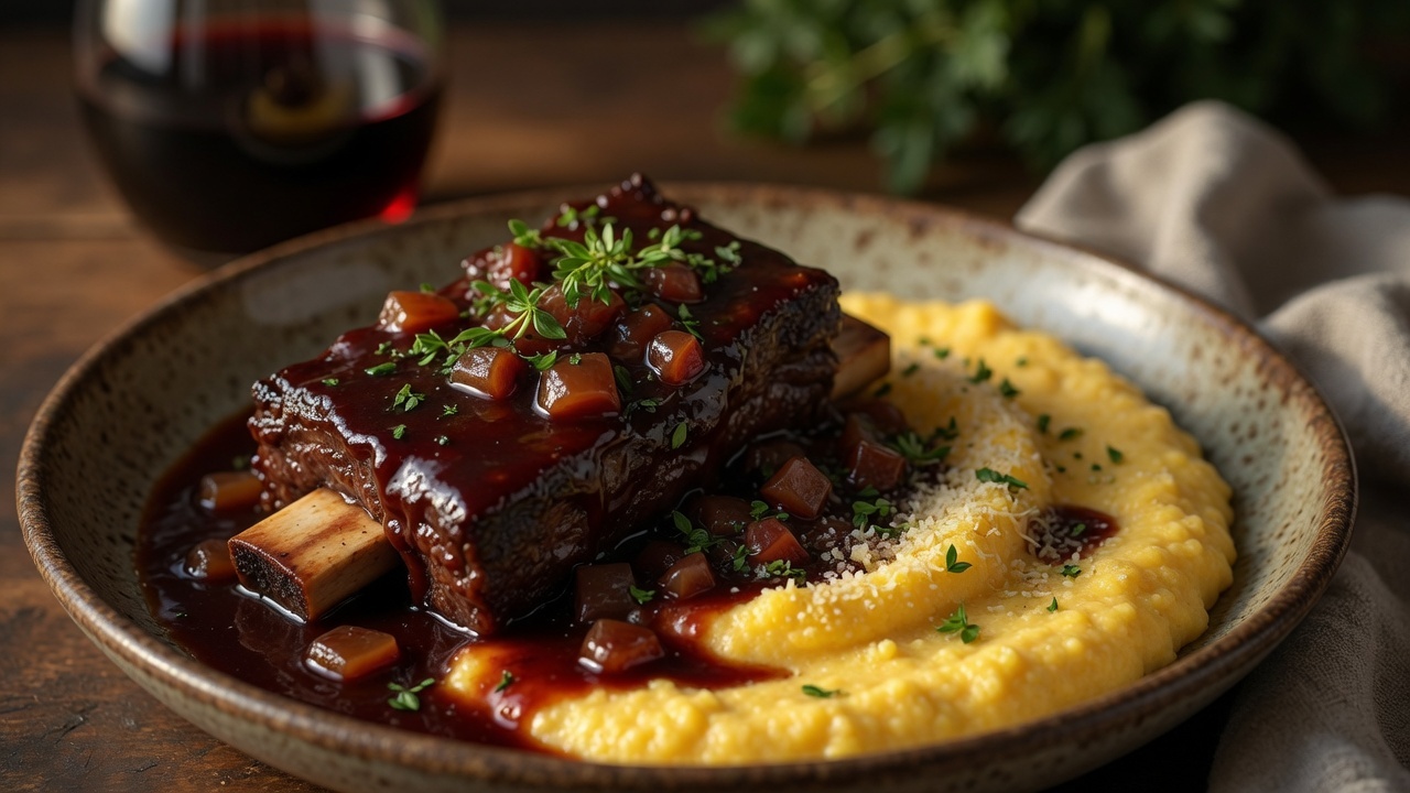 Red-wine-braised short ribs over creamy polenta
