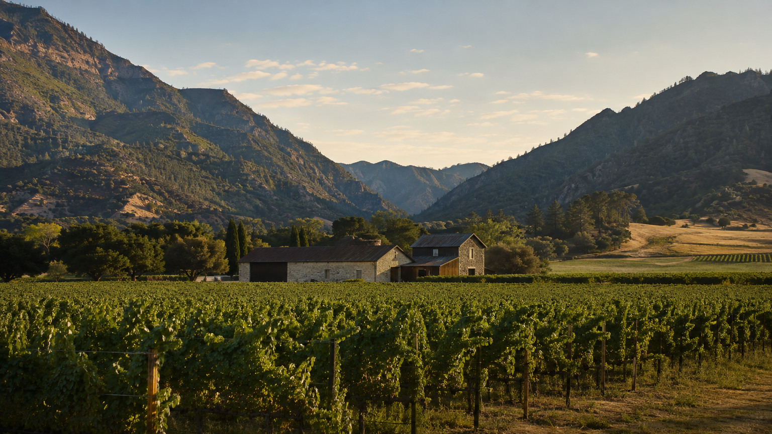 Sunlit Napa vineyard rows presented as an editorial visualization