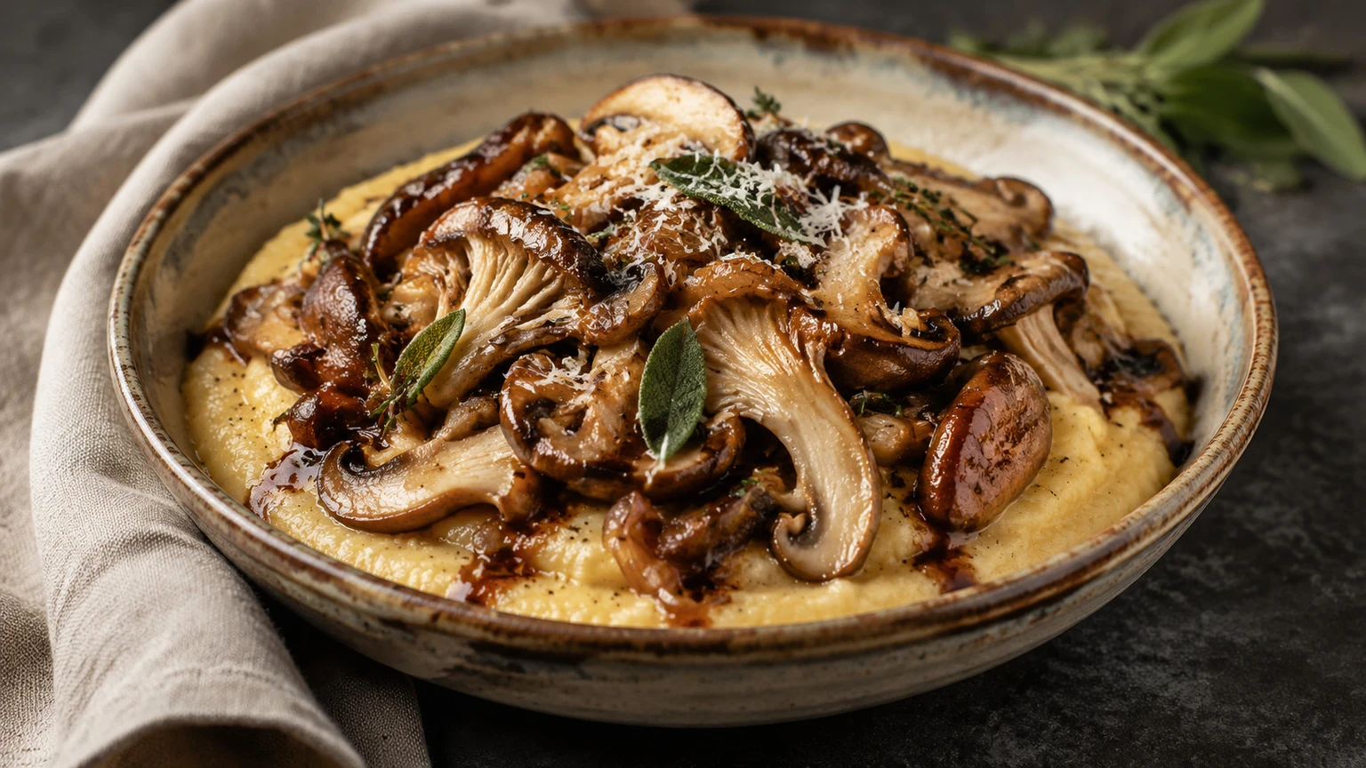 Creamy Parmesan polenta with wild mushrooms, food-only editorial visualization
