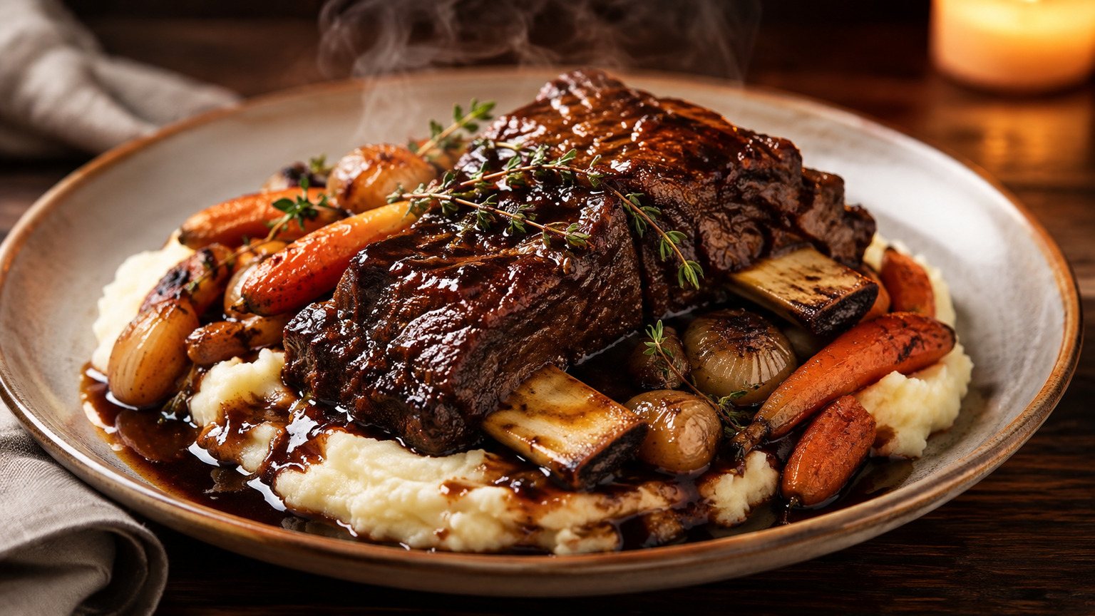 Red-wine-braised beef short ribs over mashed potatoes, food-only editorial visualization