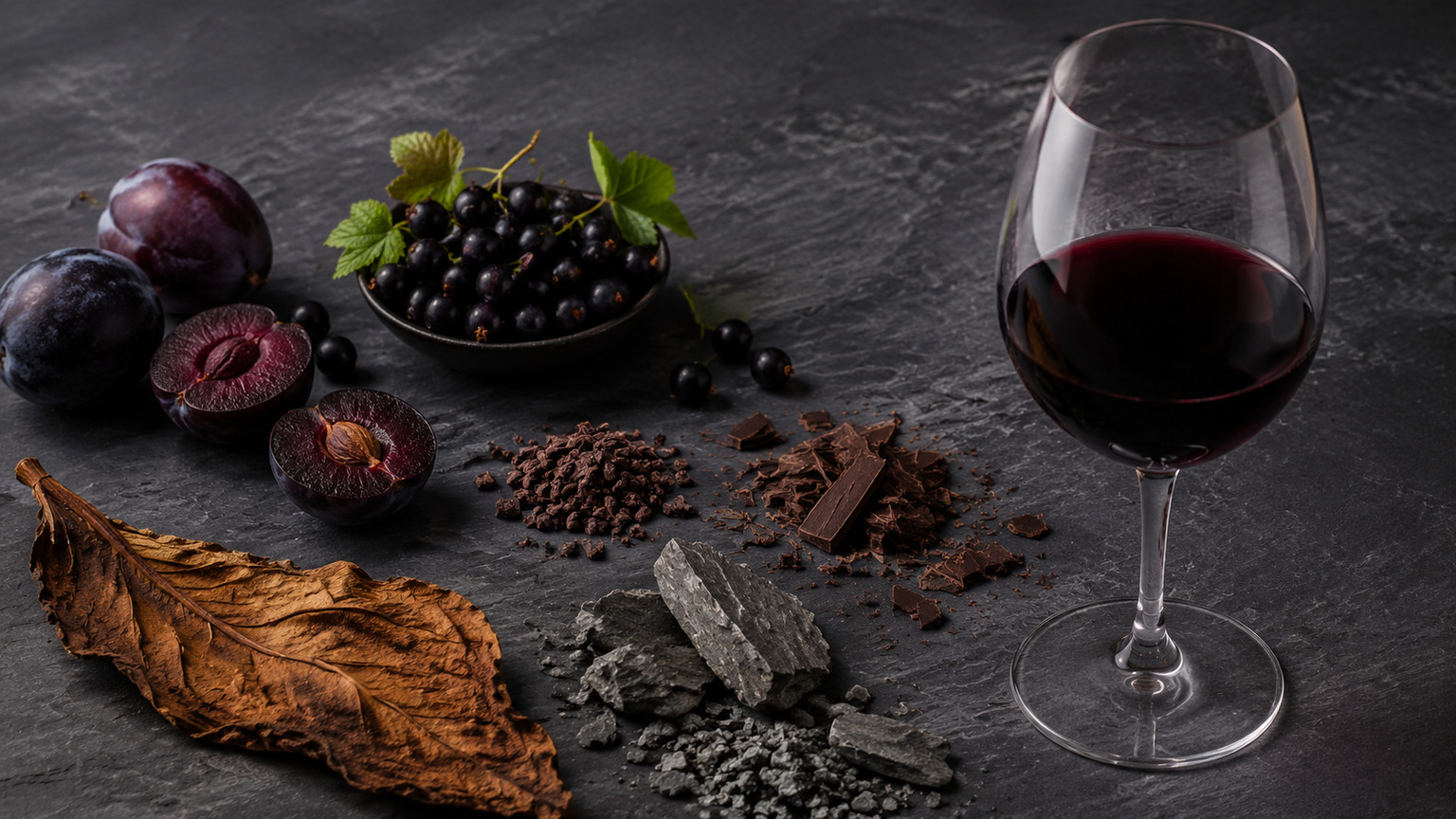 Dark-fruit tasting profile presented as an editorial visualization