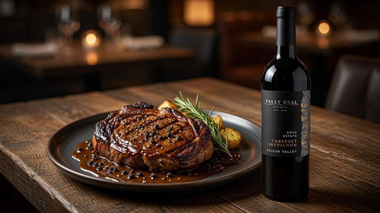 Ribeye with whiskey peppercorn sauce, a Cabernet pairing for Bally Keal