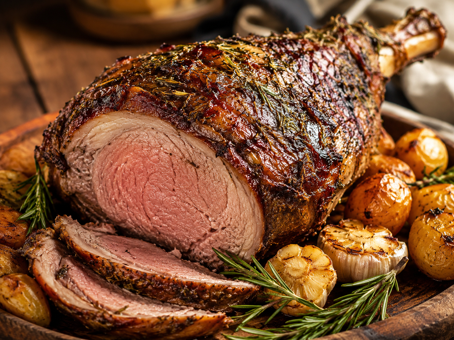 Slow roast leg of lamb with potatoes and herbs