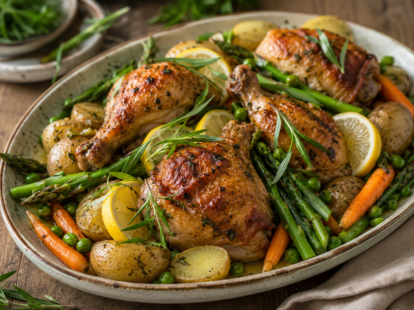 Roasted chicken with vegetables, lemon, asparagus and herbs