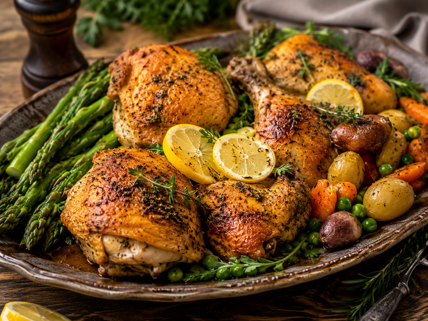 Roast chicken with spring vegetables