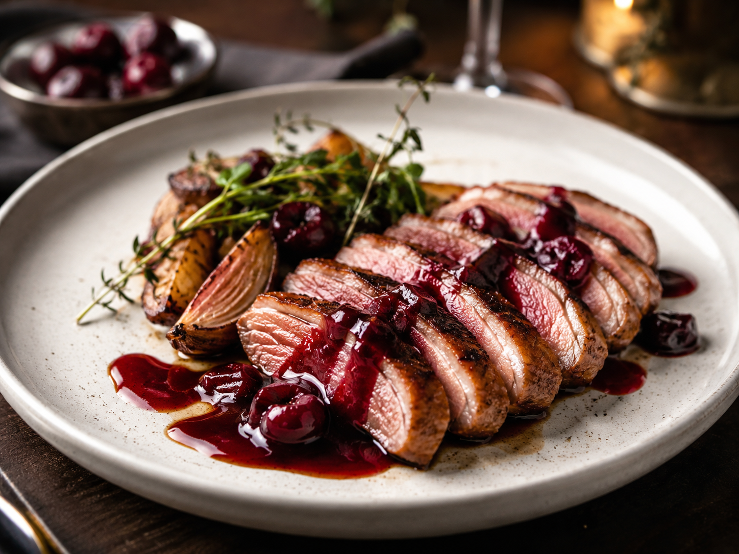 Duck breast with cherry sauce