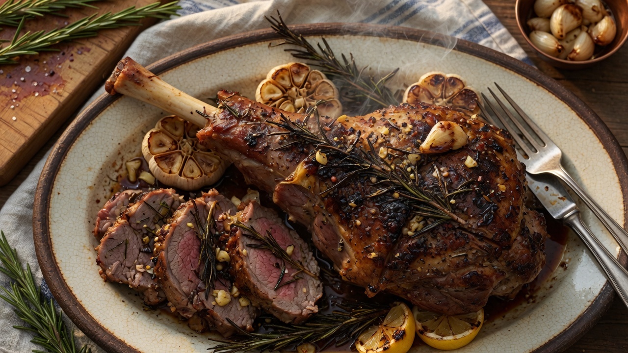 Roasted leg of lamb with rosemary and garlic