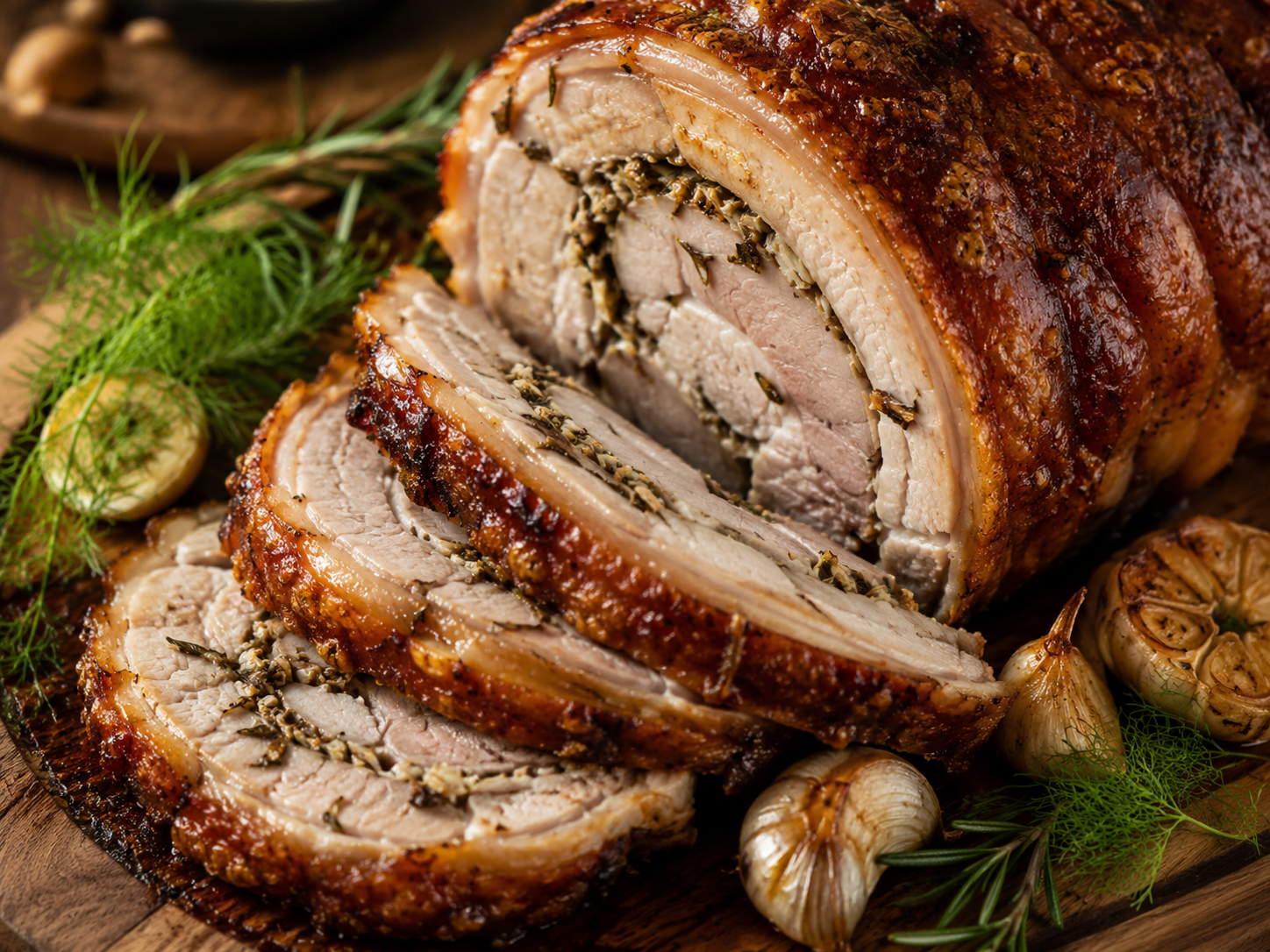 Roasted porchetta with herbs and garlic