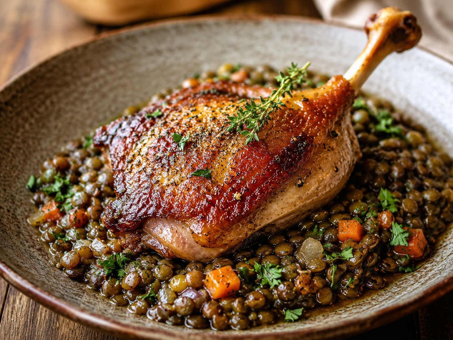 Duck confit with lentils and herbs