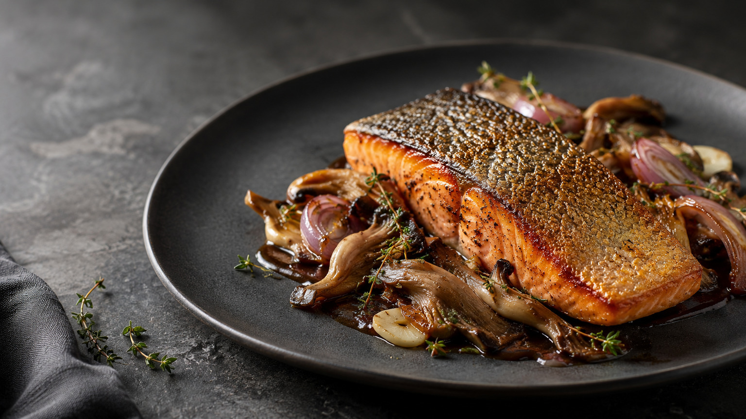 Roasted salmon with oyster mushrooms, thyme, and red-wine sauce