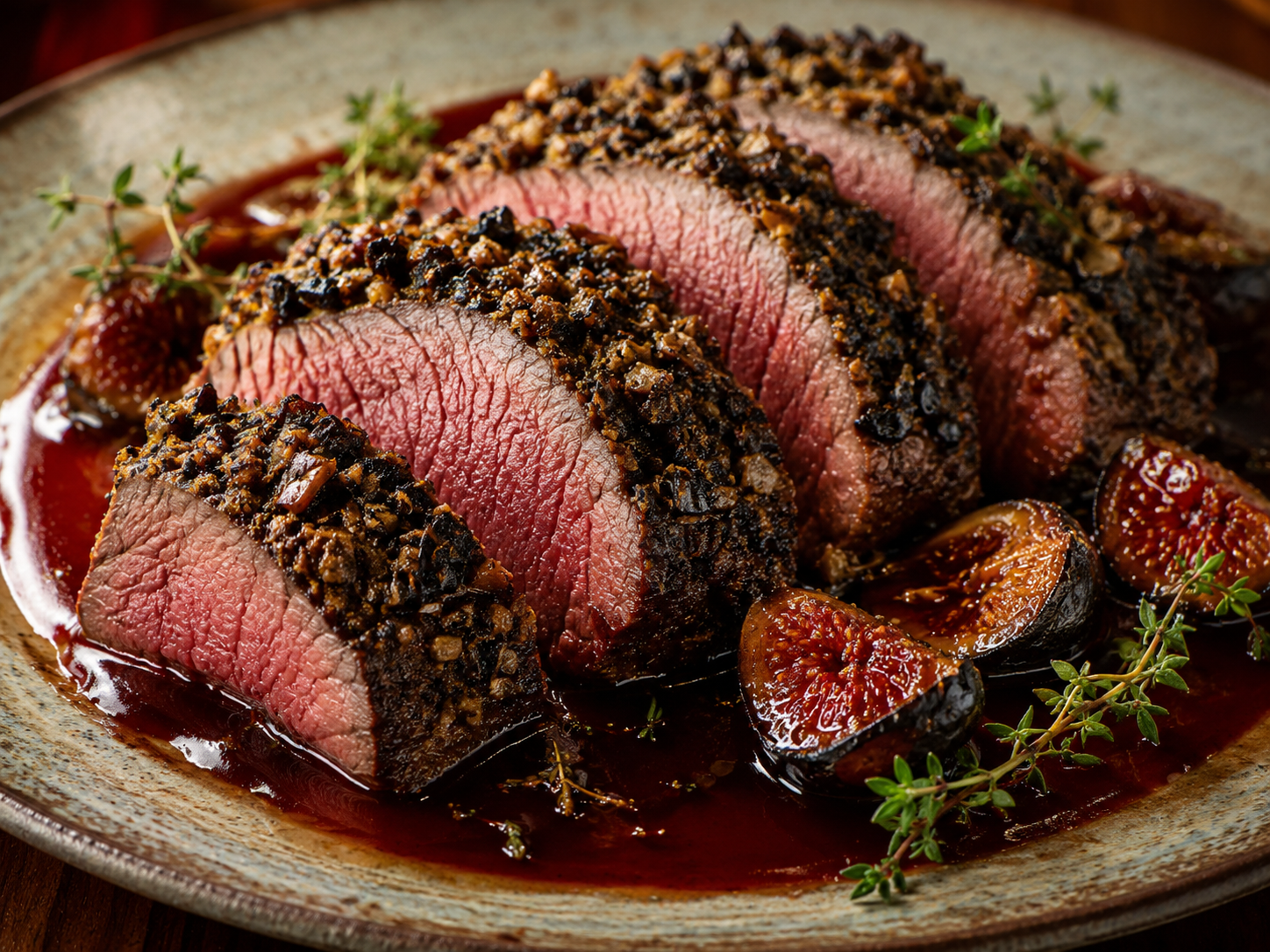 Herb-crusted bison tenderloin with mushrooms and port wine sauce