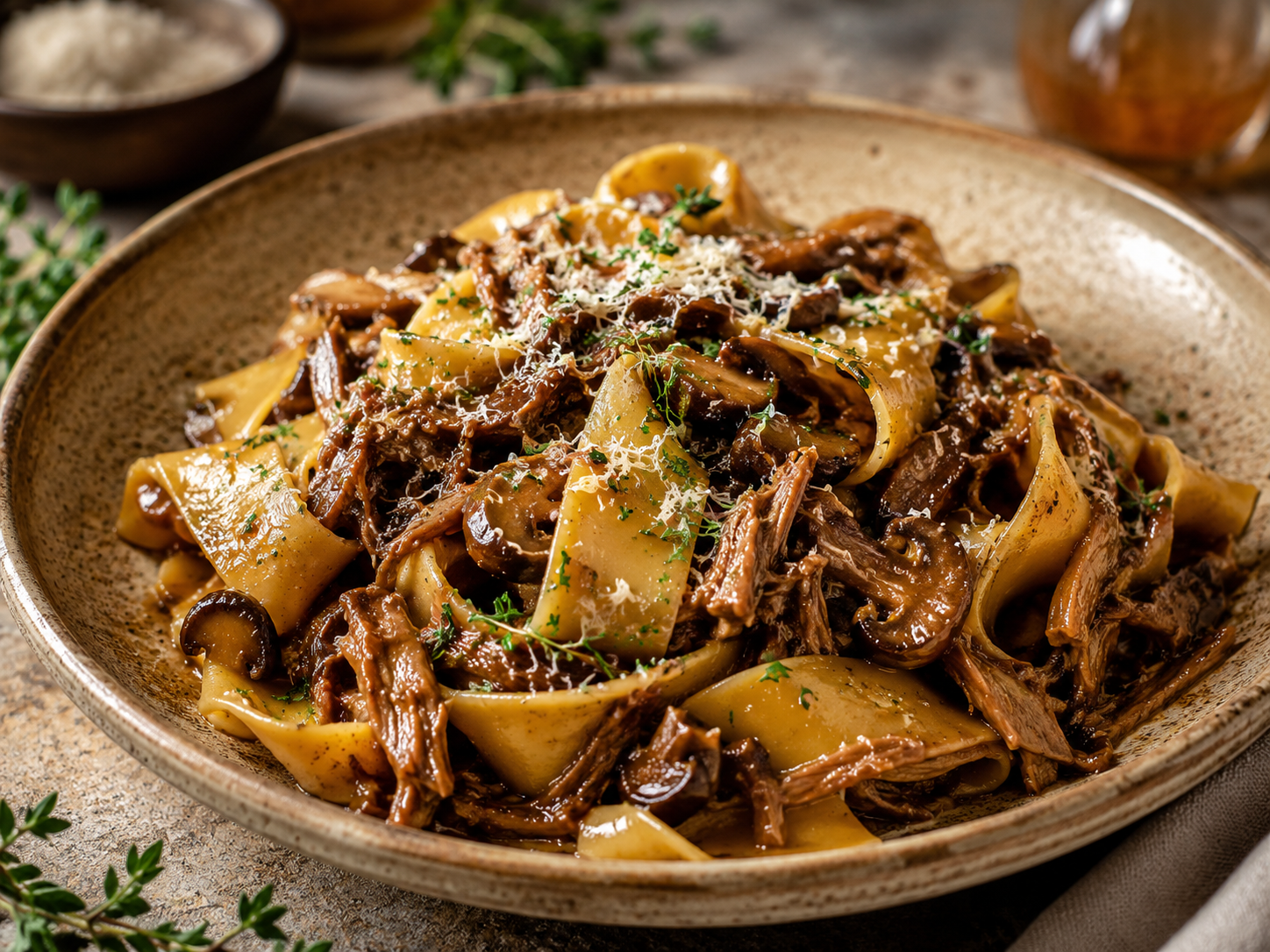 Pappardelle with duck rag&ugrave; and mushrooms pairing for Le Redini