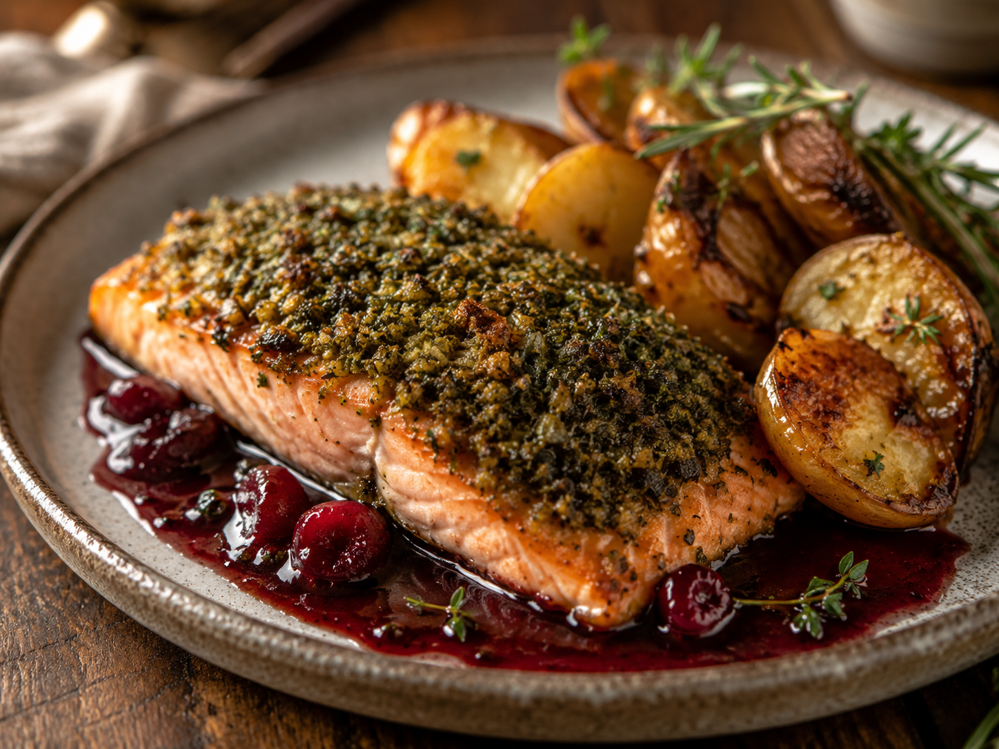 Herb-crusted salmon with cranberry relish and crispy potatoes