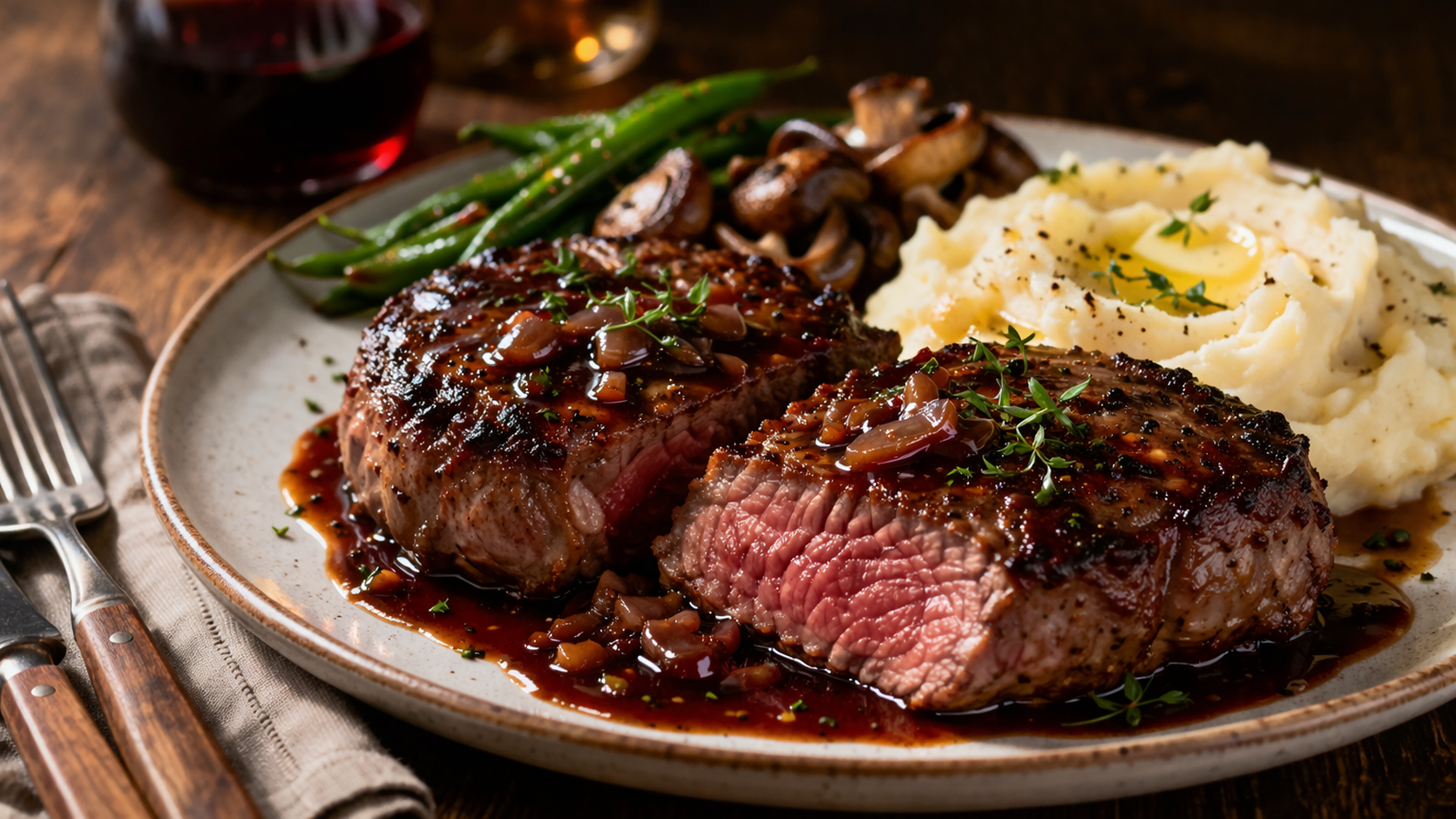 Pan-seared steaks with red wine pan sauce