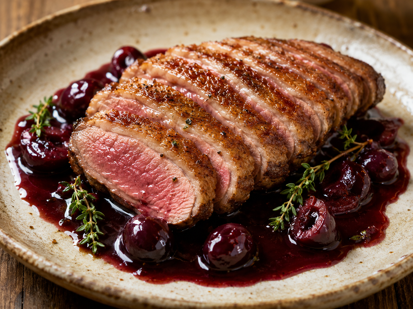 Seared duck breast with cherry-Port sauce