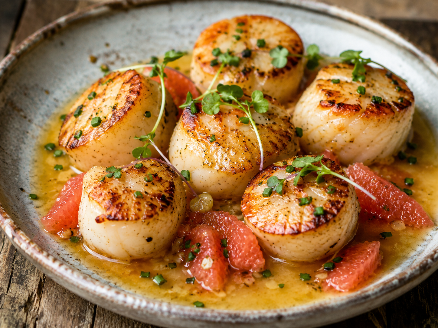 Seared scallops with grapefruit browned butter sauce