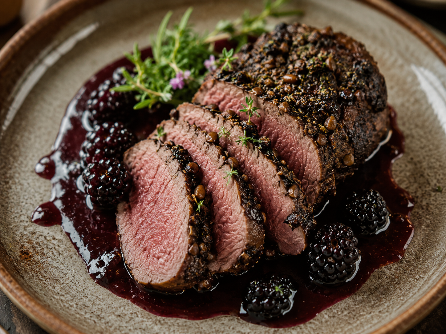 Juniper-crusted venison medallions with blackberry-Cabernet reduction