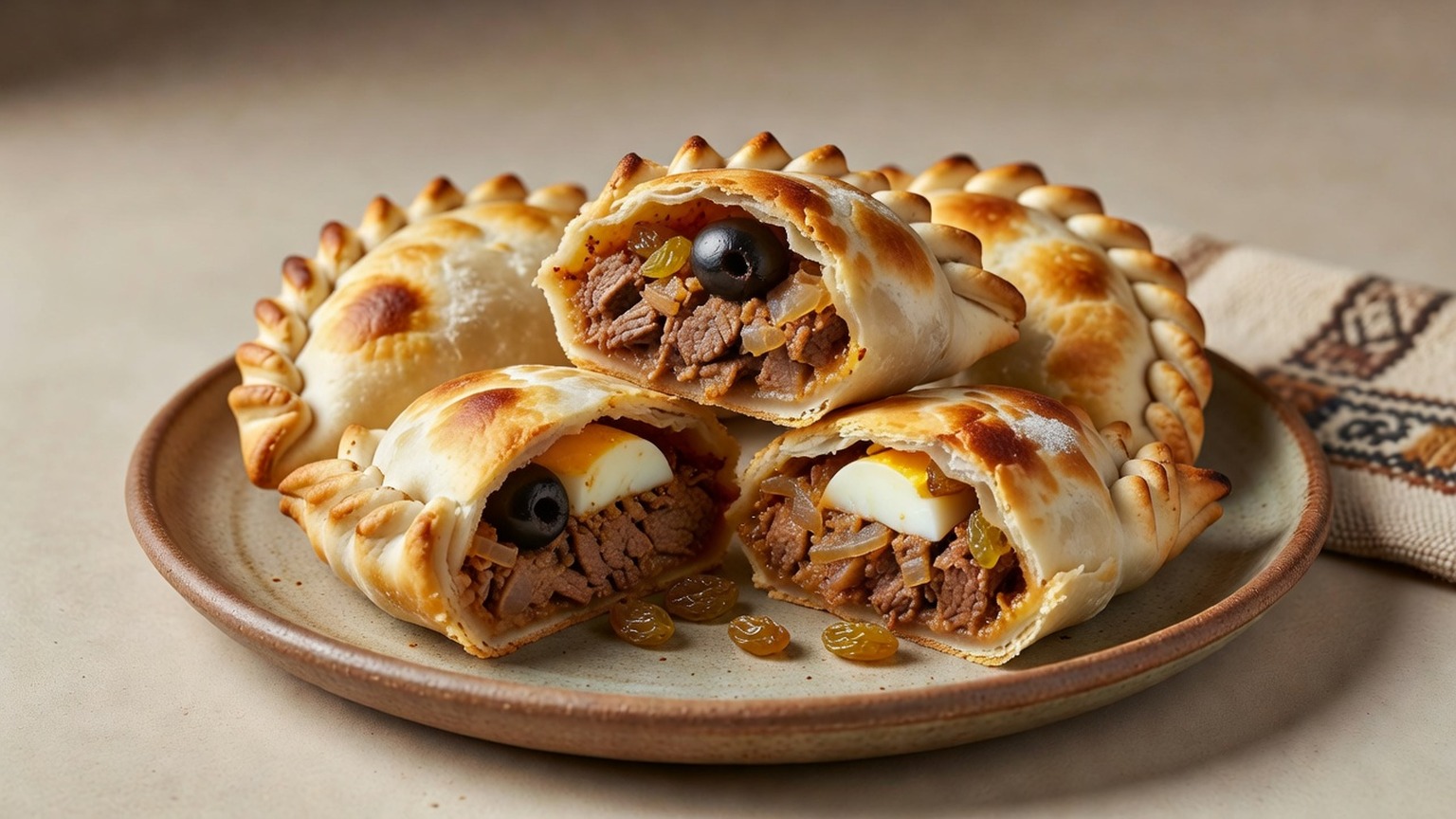 Chilean beef empanadas de pino with diced beef, onion, egg, black olives and raisins