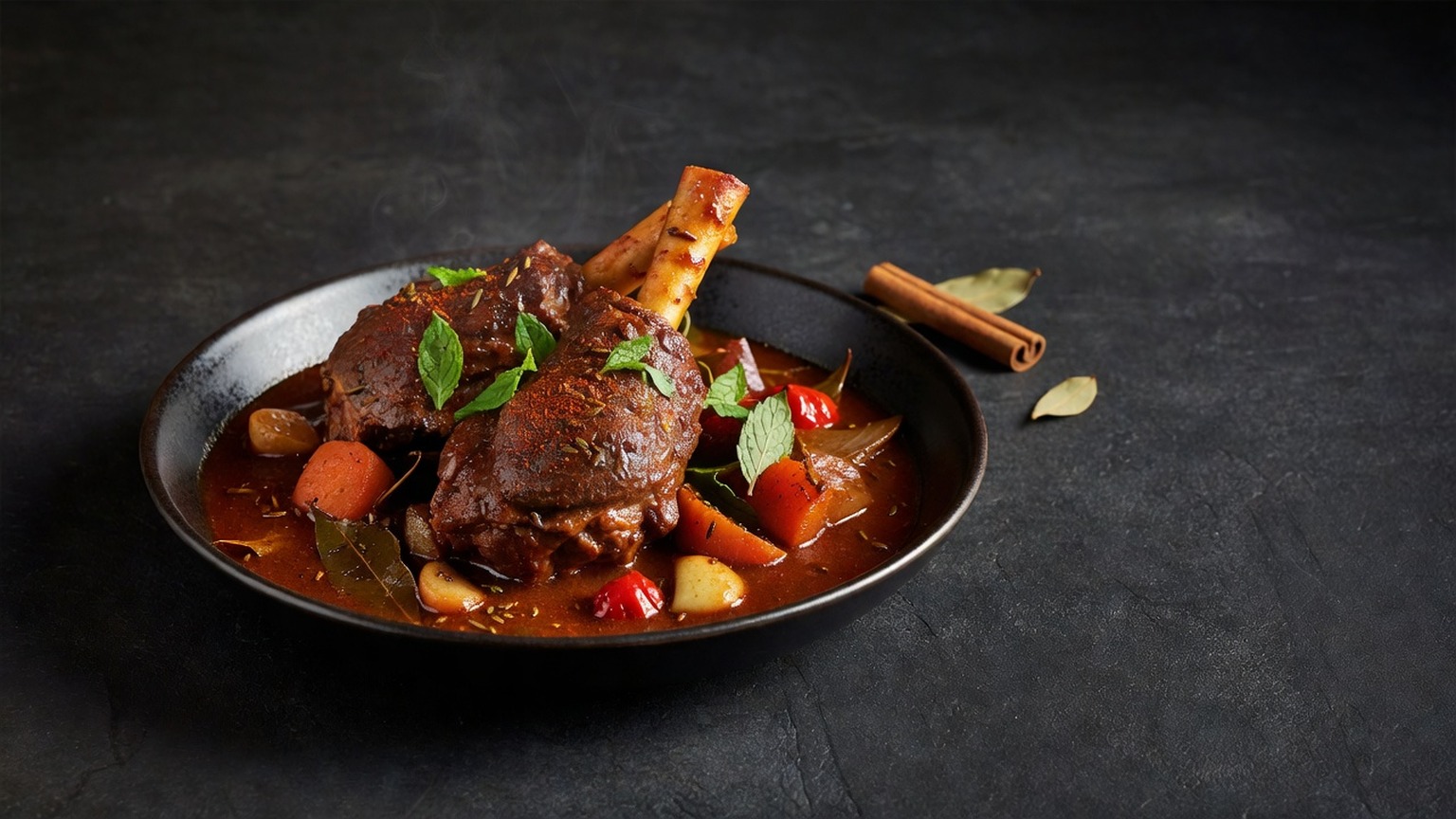 Slow-cooked lamb shanks in a spiced braise with carrots, chili and mint